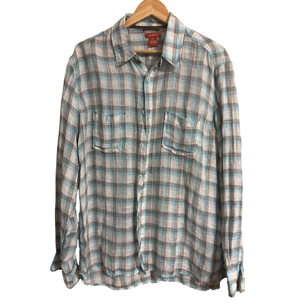 Sundance Linen Plaid Button Down Size XL